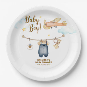 Jungen-Abenteuer-Wäscheleine-Flugzeug-Himmel-Baby- Pappteller