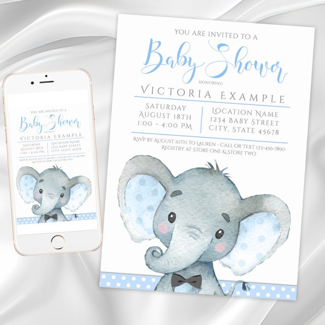 Jungen Adorable Elephant Baby Dusche Einladungen (Boy Elephant Baby Shower Invitations. Instant download and printed invitations available.)