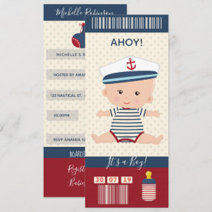 Jungen-Baby-Party nautischer Bordpass-Ticket Einladung
