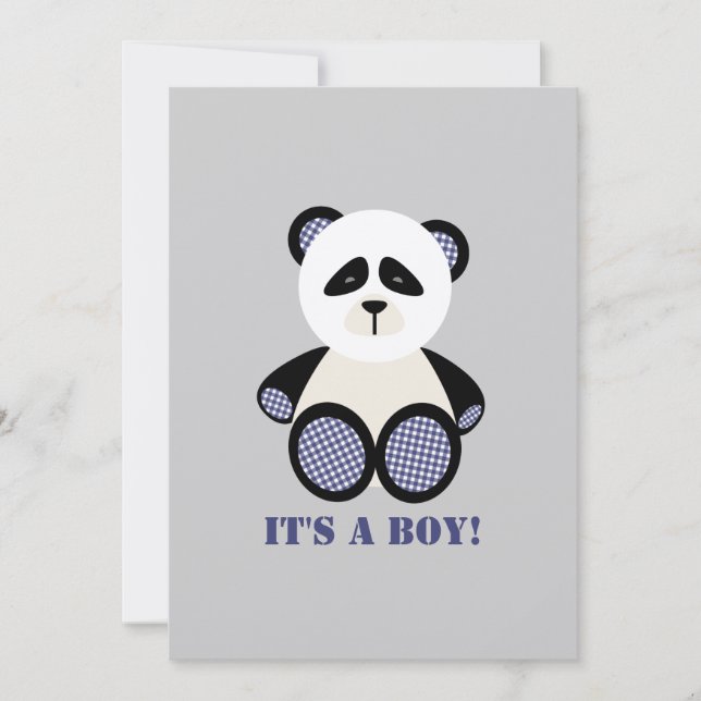 Jungen-Babyparty: Blauer Gingham-Panda Einladung (Vorderseite)