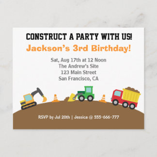 Jungen-Bau-Fahrzeug-Thema-Geburtstags-Party Einladung