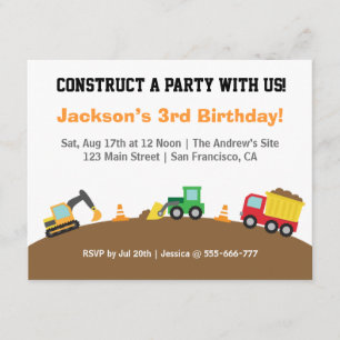 Jungen-Bau-Fahrzeug-Thema-Geburtstags-Party Einladung