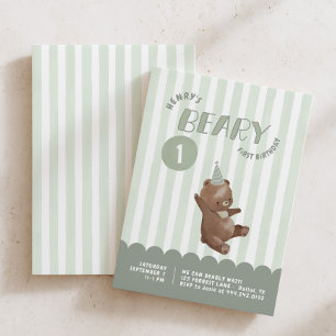 Jungen Beary 1. Geburtstag Whimsical Grüner Streif Einladung