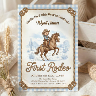 Jungen Blau Kariert Cowboy First Rodeo 1. Geburtst Einladung