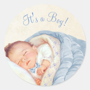 Jungen Blau Vintage-Baby-Party Runder Aufkleber