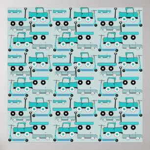 Jungen Blaue Räder Retro-Roller Autos Wagen LKWs Poster