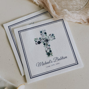 Jungen Blaues Florales Kreuz Taufe Kommunion Serviette