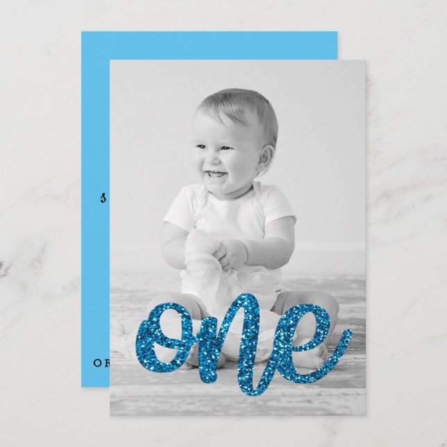 Jungen-blaues Glitzer-Foto-erster Geburtstag Einladung (Vorne/Hinten)
