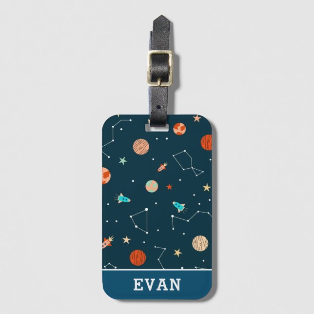 Jungen Coole Raumplaner Raketen & Name Kids Gepäckanhänger (Vorderseite Vertikal)