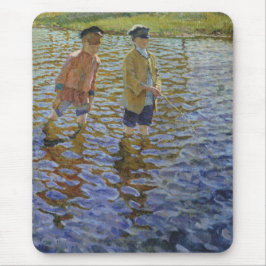 Jungen, die im Fluss fischen (Vintage Angler) Mousepad