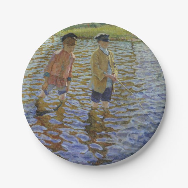 Jungen, die im Fluss fischen (Vintage Angler) Pappteller (Vorderseite)