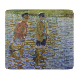 Jungen, die im Fluss fischen (Vintage Angler) Schneidebrett