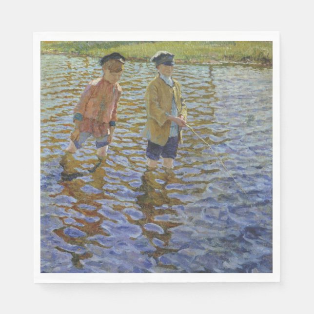 Jungen, die im Fluss fischen (Vintage Angler) Serviette (Vorderseite)