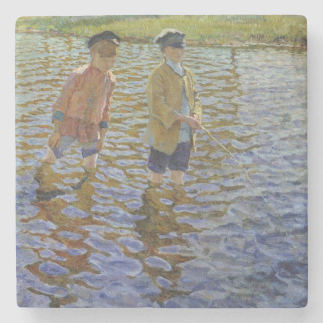 Jungen, die im Fluss fischen (Vintage Angler) Steinuntersetzer (Vorderseite)