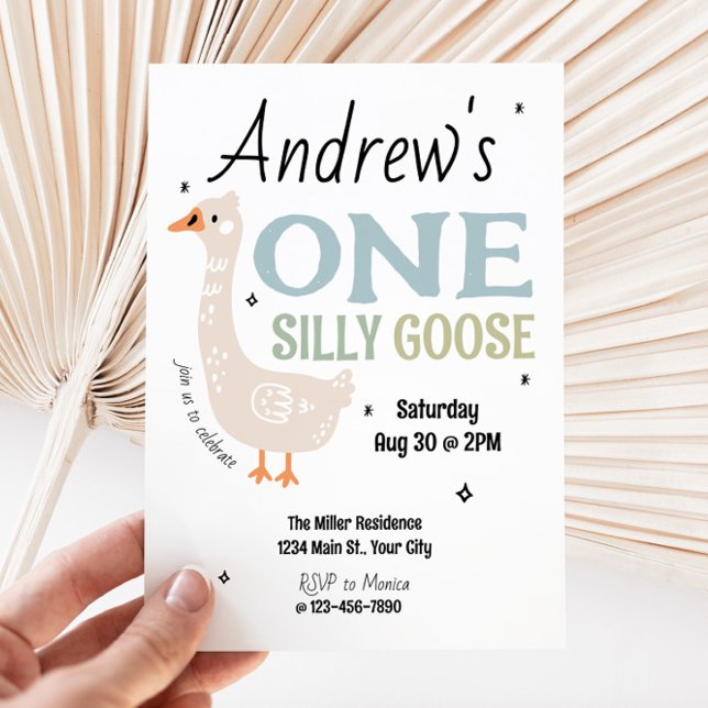 Jungen ein Albernes Gänse Sommerkinder erster Gebu Einladung (Boy's Silly Goose Birthday Invite)
