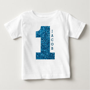 Jungen ein erster Geburtstags-Blau-Glitzer Baby T-shirt