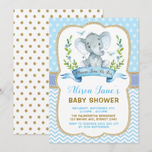 Jungen-Elefant-Babyparty-Blau u. Gold laden ein Einladung
