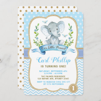Jungen-Elefant-Geburtstags-Party-Blau u. Gold Einladung