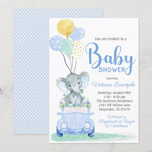 Jungen-Elefanten-Auto-Baby-Shower-Einladung Einladung