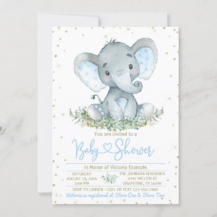 Jungen-Elefanten-Blau-Gold-Baby-Shower-Einladung Einladung