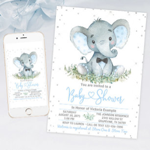 Jungen-Elefanten-Schleifen-Glitzer-Baby-Shower-Ein Einladung