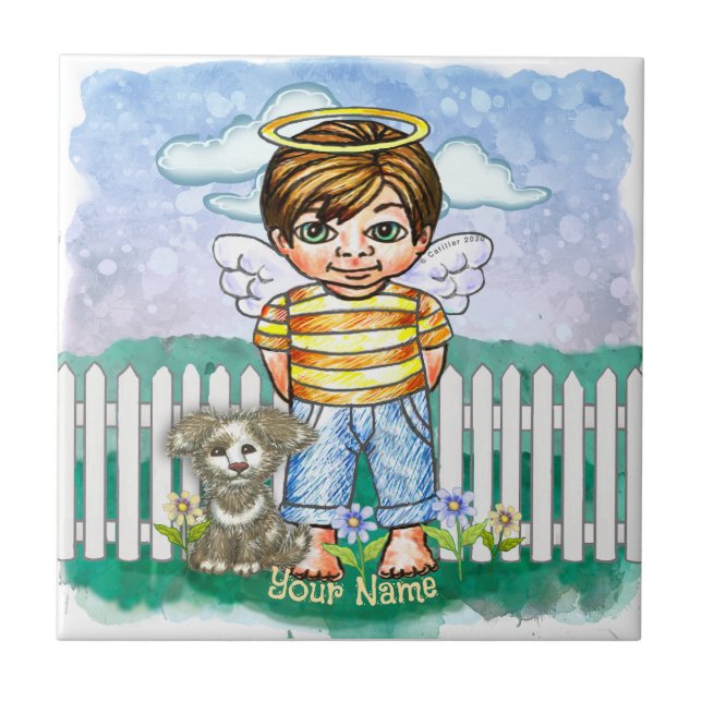Jungen Engel und Hund  Fliese (Vorderseite)
