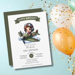Jungen Erster Geburtstag Pilot Vintage Flugzeug Wo Einladung