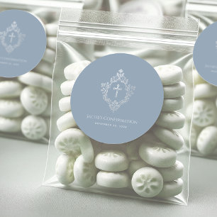 Jungen-Firmung Dusty Blue religiöses Kreuz-Wappen Runder Aufkleber