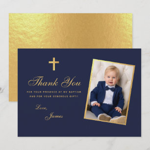 Jungen Foto Taufe Faux Goldfolie Marineblau Schrif Dankeskarte