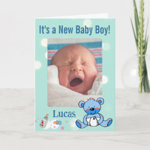Jungen-Fotoankündigung blaues Teddybär-Thema Karte