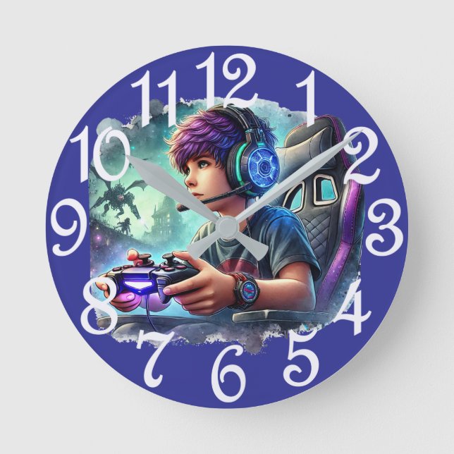 Jungen-Gamer Runde Wanduhr (Vorderseite)