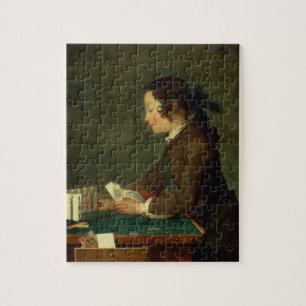 Jungen-Gebäude ein Schloss der Karten (Öl auf Puzzle