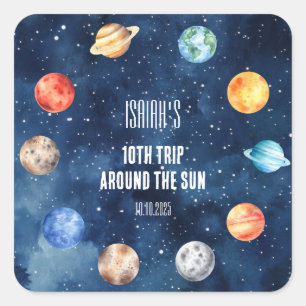 Jungen-Geburtstag 10. Reise um die Sonne im Weltra Quadratischer Aufkleber