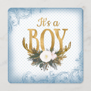 Jungen Geweih Babyparty Blau und Gold Einladung