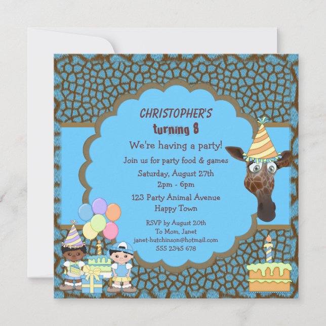 Jungen, Giraffen-u. Kuchen-Blau u. Browntierdruck Einladung (Vorderseite)