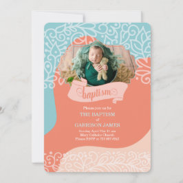 Jungen in Orange und Blue Waves mit Foto-Taufe Einladung