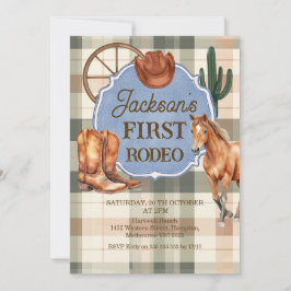 Jungen Karo Grün Braun Erste Rodeo 1. Geburtstag Einladung
