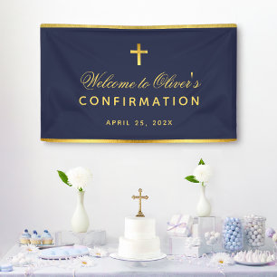 Jungen Konfirmation Navy Blau Falsches Gold Kreuz  Banner