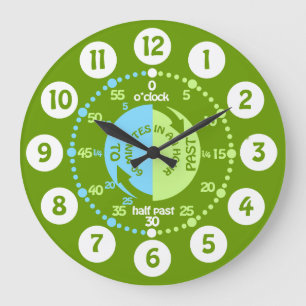 Jungen lernen, die grüne Wanduhr zu erzählen