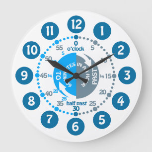 Jungen lernen, die Zeit der matten blauen Wanduhr