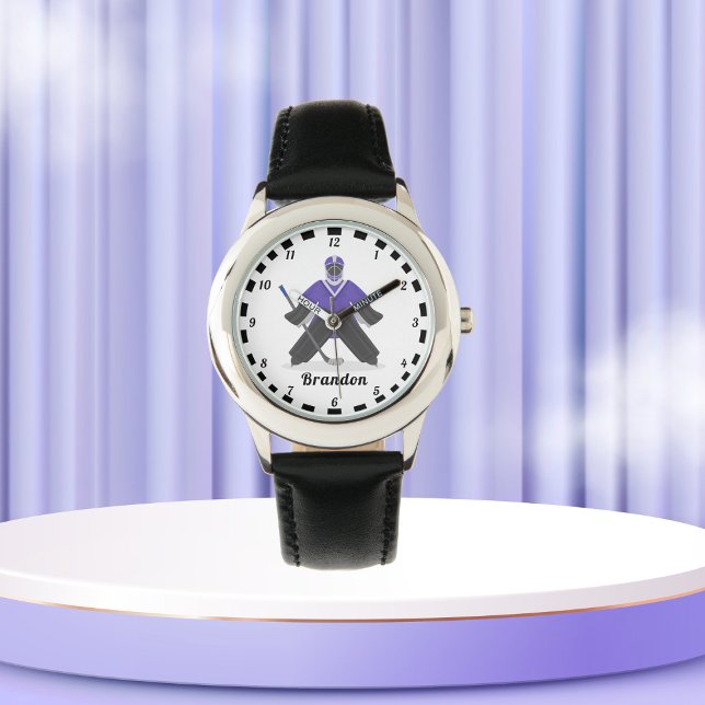 Jungen Lila Eishockeyspieler Name Winter Strichen Armbanduhr (Von Creator hochgeladen)