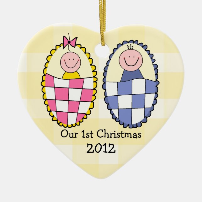 Jungen-Mädchen-Zwillings-1. Weihnachten Keramikornament (Vorne)