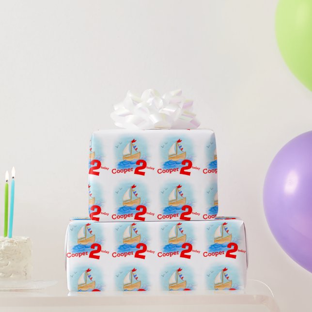 Jungen mit Namen bemalt Segelboot 2. Geburtstagssc Geschenkpapier (Partygeschenke)