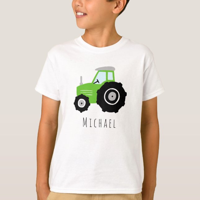 Jungen Moderne grüne Landstreichmaschine und Name T-Shirt (Vorderseite)