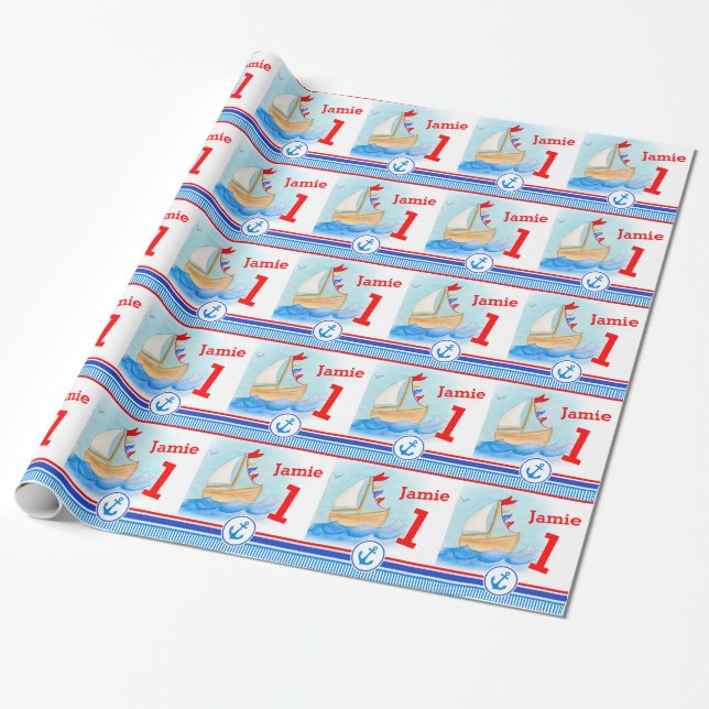 Jungen Name gemalt Segelboot 1. Geburtstagsverpack Geschenkpapier (Ungerollt)