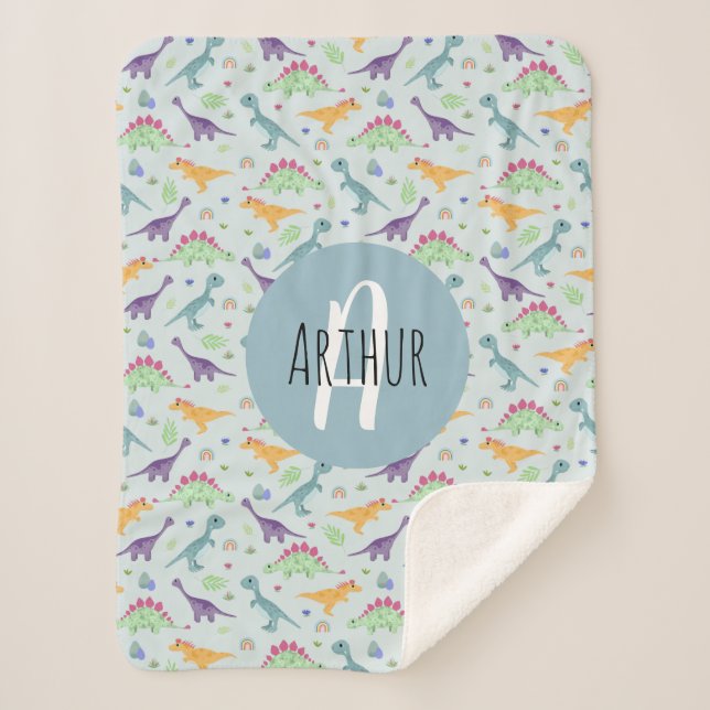Jungen Niedlich Blue Dinosaurier Muster Mit Monogr Sherpadecke (Vorderseite)
