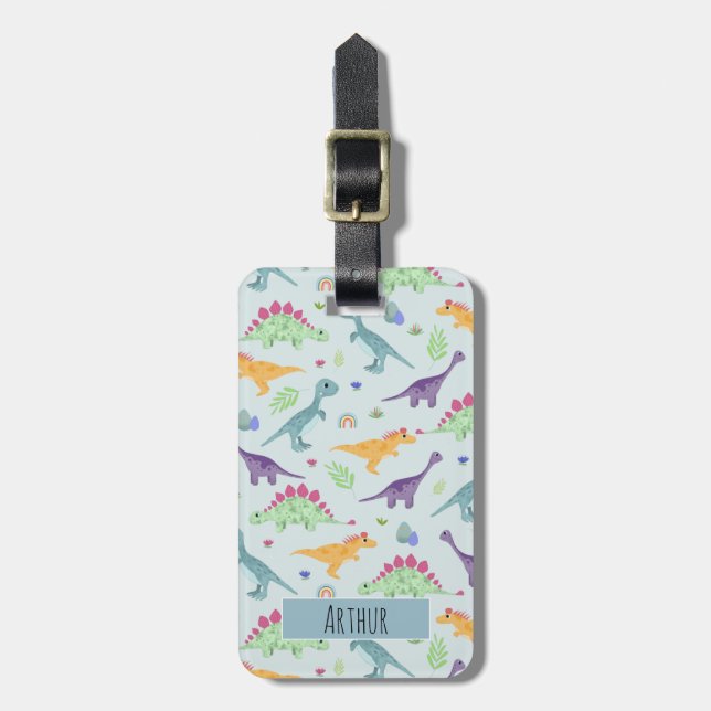 Jungen Niedlich Blue Dinosaurier Muster Name Kinde Gepäckanhänger (Vorderseite vertikal)