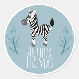 Jungen Niedlich Safari Zebra Name Kinder Buchzeich Runder Aufkleber