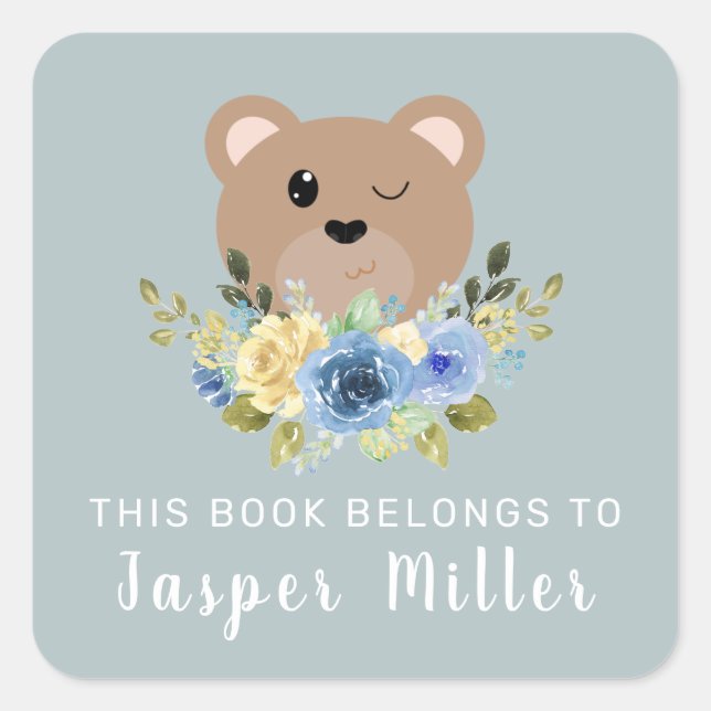 Jungen Niedlich Teddy Bear Dusty Blue & Name Kinde Quadratischer Aufkleber (Vorderseite)