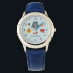 Jungen Niedlich und Cool Blue Monster Alien Armbanduhr<br><div class="desc">Diese niedliche und moderne Kinderuhr bietet farbenfrohe Monster-Alien-Illustrationen und einen Ort,  wo Sie den Namen Ihres Jungen hinzufügen können. Ideal für jedes coole Monster-liebende Kind! Mit klaren Zahlen und einem blauen Hintergrund ist dieses Design großartig für ein kleines,  das lernt,  die Zeit zu erzählen.</div>